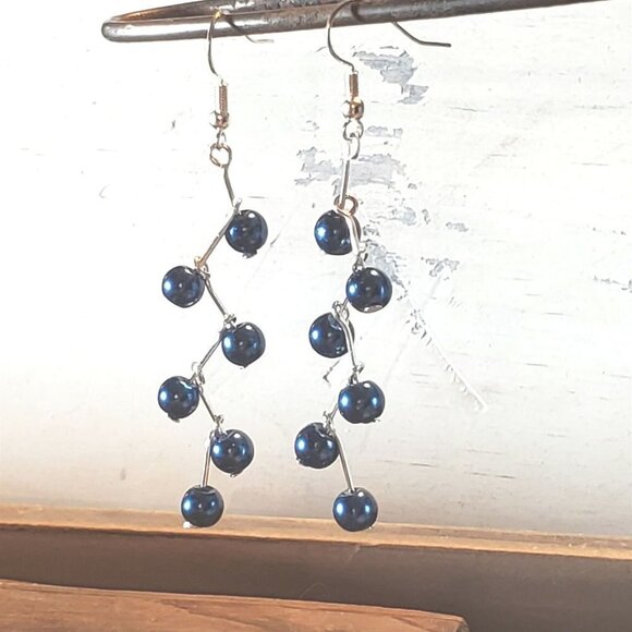 Handcrafted Blue Glass Pearl Zig Zag Geometric Dangle Earrings - Picture 7 of 8